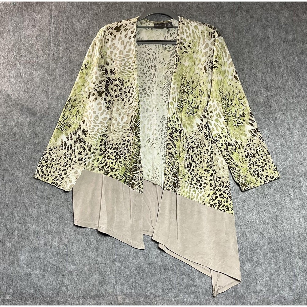 Chicos Coatigan Women 3 XL Green Kimono Animal Print Open Cardigan Tropical